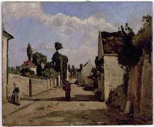 Rue de lHermitage, Pontoise, ca. 1867 (olje på lerret montert på panel)