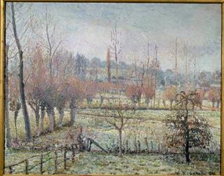 Hvit frost, morgen eller snøeffekt i eragny. Maleri av Camille Pissarro (1830-1903)