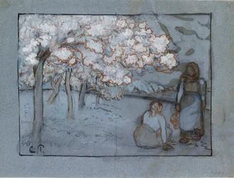 Komposisjonsstudie av to kvinnelige bønder som samtaler i en frukthage, c1894