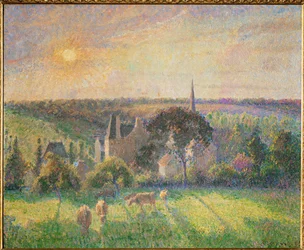 Landskap i Eragny: kirke og gård i Eragny (olje på lerret)