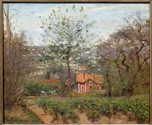 Hytta, det rosa huset; hjertets flygende landsby. Maleri av Camille Pissarro (1830-1903)