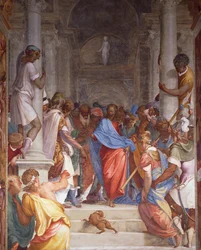 Horkvinne før Kristus, freskomaleri av Camillo Boccaccino (1501-1546) i presbyteriet til San Sigismondo-kirken, Cremona, Italia