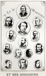 Louis Riel (1844-85) og hans mordere, illustrasjon fra Le Gibet de Regina, utgitt 1886