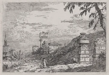 Landskap med tårn og to ødelagte søyler, fra serien Vedute (Views)