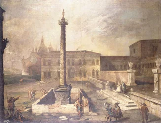 En Capriccio av en Piazza foran et palass med kolonnen til Marcus Aurelius,
