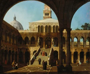 Canaletto - Capriccio Utsikt over gårdsplassen til Palazzo Ducale med Scala dei Giganti Signert og datert 1744