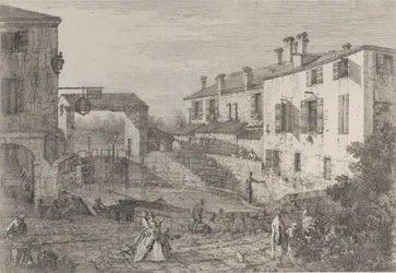Le porte del Dolo: det ovale bassenget til slusene ved Dolo, med en lekter fortøyd til kaien..., 1735-46.