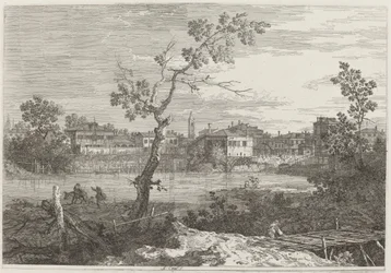 Utsikt over en by på en elvebredd, ca. 17351746.
