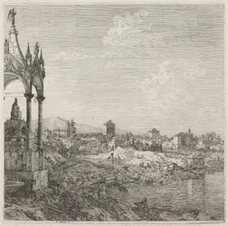 Utsikt over en by med en biskops grav, ca. 17351746.