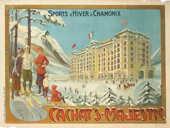 Plakat som reklamerer for hotellet "Cachat"s Majestic" og vintersport i Chamonix, ca. 1910