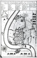 Londonderry Beleiret av general Hamilton og Conrad de Rosen, gravert av J. Sturt, 1689