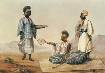 Svarte mennesker fra Sudan, plansje fra «En fortelling om reiser i Nord-Afrika», gravert av M. Gauci (aktiv 1810-46), 1821