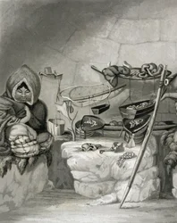 Interiør av en eskimo snøhytte, Winter Island 1822, gravert av Edward Francis Finden (1791-1857) pub. av John Murray, 1824