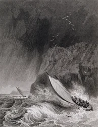 Båtene utenfor Walden Island i en snøstorm, 12. august 1827, fra Journal of a Third Voyage for the Discovery of a North West Passage from the Atlantic to the Pacific utført i årene 1824-25