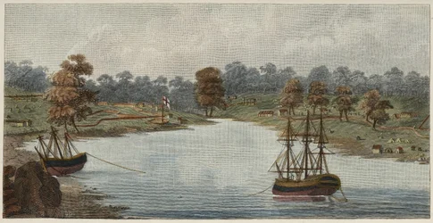 Sydney Cove, 1788 (håndfarget kobbergravering)