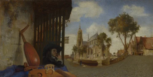 Utsikt over Delft med en musikkinstrumentselgers bod, 1652