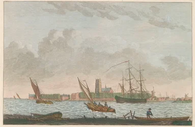 Dordrecht fra Merwede, ca. 1790 Dordrecht van de Merwe utstilt / La ville Dordrecht - prize du coté dela riviere dite la Merwe (tittel på objekt)