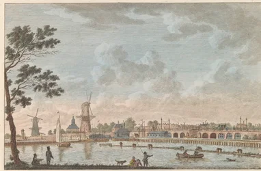 Gezicht op de Hogesluis, ca. 1790 Hooge Amstel Sluis te Amsterdam / Høy bro, kalt hoog sluis - tidligere kalt Lovers' Bridge, tatt fra siden av amstelen senere i Amsterdam (tittel på objekt)