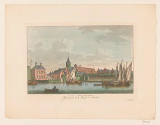 Utsikt over kirken i østlige Zaandam Kirke i East Zaandam / Arrivement de la Barge à Sardam (tittel på objekt)
