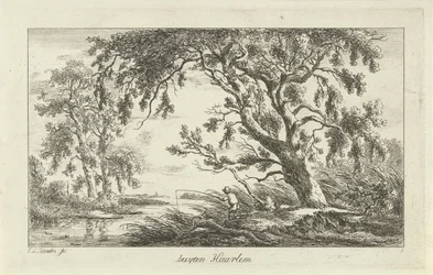Fisker i et elvelandskap Buyten Haarlem (tittel på objekt) Landskap (a-f) (serietittel)