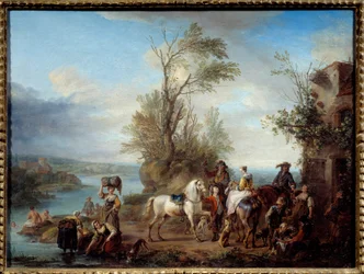Gå på jakt på Lavandieres og svøm ved bredden av en elv. Maleri av Carel van Falens (1683-1733) 1726 søn. 0,45x0,6 m