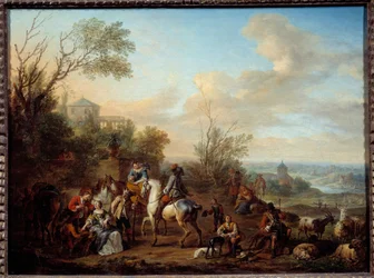 Stopp av jegere Maleri av Carel Van Falens (1683-1733) 1700-tallet Søn. 0,45x0,6 m