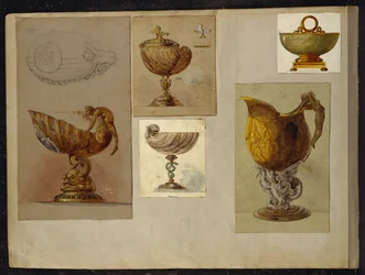 Utvalg av design, House of Carl Faberge (blyant og akvarell forsterket med hvitt og gull på kort)