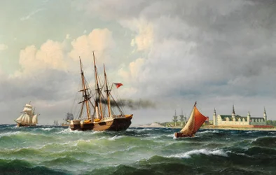 Dansk: Marinemaleri ved Kronborg med en rekke skip og en losbåt Sjølandskap utenfor Kronborg med en rekke skip og en losbåt