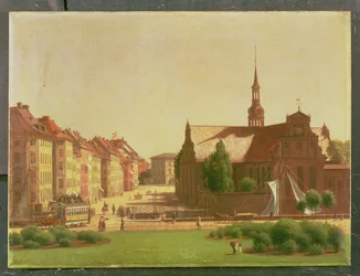 Slottsplassen og Holmens Kirke, fra et vindu på Christiansborg slott, i København, 1866