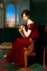 ""Portrett av en ung kvinne som holder tegneverktøy"" (Ung dame med tegneredskaper) Maleri av Carl Christian Vogel von Vogelstein (1788-1868) 1816 Olje på lerret Dim 70x48,5 cm Statens kunstgalleri, Dresden