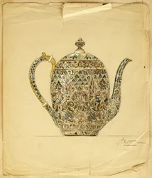 Design for en ovoid sølvforgylt cloisonne-emaljekaffekanne, House of Carl Faberge