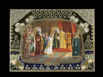 Detalj av den malte kartusjen fra en bordboks, som viser tsar Alexei Mikhailovich som velger en brud, ca. 1908-1917