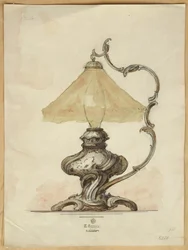 Tegning av en bordlampe i sølv med vridd riflet kropp i rokokkostil, House of Carl Faberge