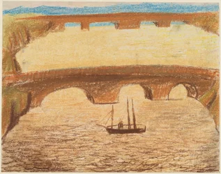Lange Steinbrücken über Fluss mit einem Schiff