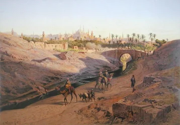 En utsikt over Kairo fra nord med Den hvite moskeen, en av 24 illustrasjoner produsert av G.W. Seitz, trykt ca. 1873 (litho-farge)
