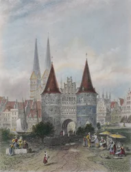 Holsten gate ved Lubeck, gravert av John Godfrey (1817-89) (fargegravering)