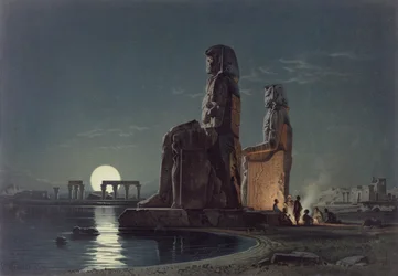 The Colossi of Memnon, Theben, en av 24 illustrasjoner produsert av G.W. Seitz, trykt ca. 1872