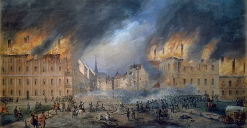 Slaget ved Sternbarrikade i Jagerzeile 28. oktober 1848, revolusjon i Wien, brann i byen, maleri av Carl Goebel (1824-1899), Østerrike