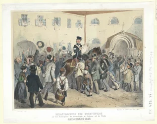 Proklamasjonen av grunnloven på Nasjonalgardens møteplass i Freihaus på Wieden 15. mars 1848