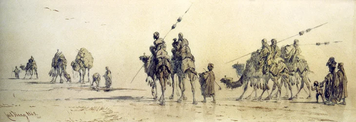 En karavane med beduiner som nærmer seg en brønn i ørkenen, 1868 (blyant og vask på papir)