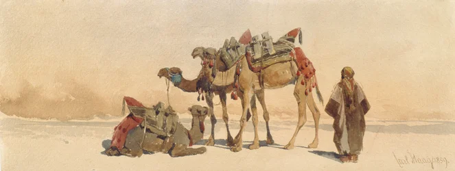 Hvile med tre kameler i ørkenen, 1859