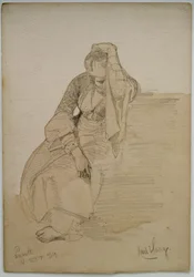 Studie av en sittende dame, Nasaret, 1859 (blyant og wc-vask på papir)
