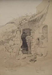 Tre figurer som sitter utenfor et hus, Nasaret, 1859 (blyant og vask på papir)