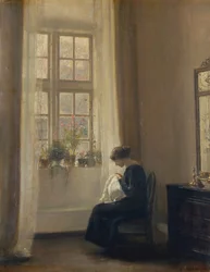 En jente som syr i et interiør (olje på lerret)