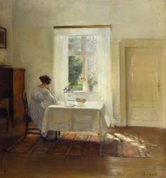 En kvinne som sitter ved et bord ved et vindu (olje på lerret)