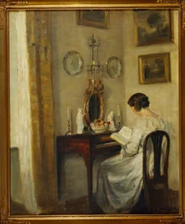 Et interiør med en jente som leser ved et skrivebord (olje på lerret)