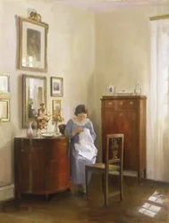 Interiør med Lady Sewing, ca.1910
