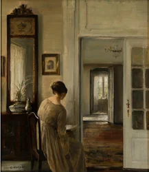 Foredrag. La femme du peintre - Lesing. Malerens kone - Carl Holsoe (1863-1935). Olje på lerret Dimensjon : 58x52 cm Privat samling