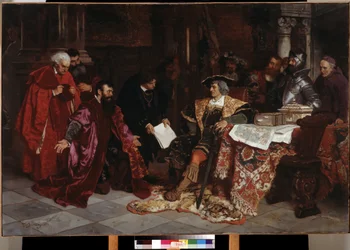 ""Keiseren Maximilian I (1459-1519) mottar de venetianske ambassadørene i Verona"" (Keiseren Maximilian mottar de venetianske ambassadørene i Verona) Maleri av Carl Ludwig Friedrich Becker (1820-1900) 1879 Pushkin-museet, Moskva