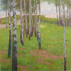Bjørkelund i kveldslys, ca. 1902 (olje på lerret)